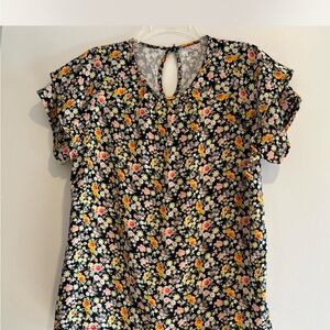 LOFT Black and Orange Flutter Sleeve Ruffled Blouse Small